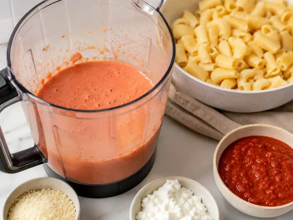 Cottage cheese, marinara, parmesan, and seasonings blended into a smooth tomato pasta sauce.