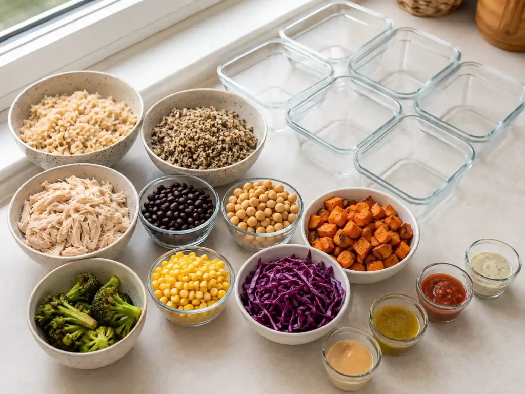 Meal prep bowl assembly with cooked grains, chicken, beans, vegetables, and sauce cups.