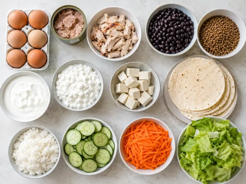 Budget protein staples including eggs, canned tuna, chicken, beans, lentils, Greek yogurt, cottage cheese, tofu, and tortillas