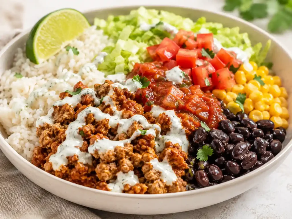 Close-up of a budget taco meal prep bowl with fluffy rice, saucy taco turkey, black beans, corn, salsa, lettuce, tomatoes, lime, and creamy sauce.