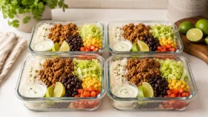Four budget taco meal prep bowls with rice, taco turkey, black beans, corn, salsa, lettuce, tomatoes, lime, and sauce cups.