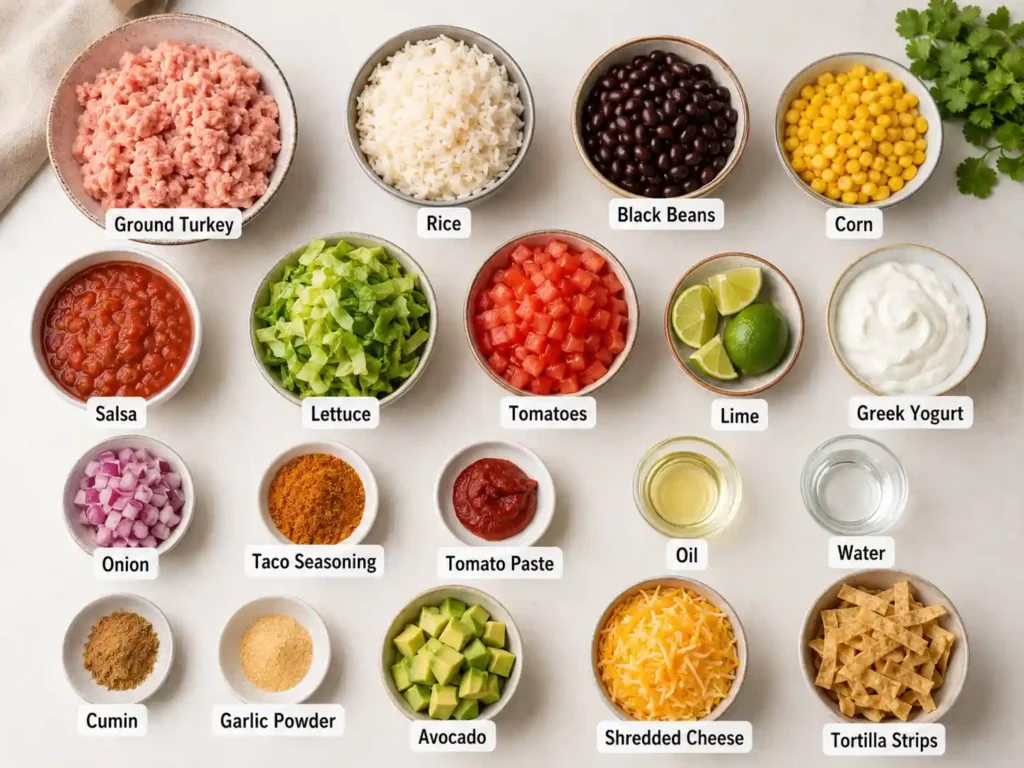 Labeled ingredients for budget taco meal prep bowls, including ground turkey, rice, black beans, corn, salsa, lettuce, tomatoes, lime, Greek yogurt, onion, taco seasoning, tomato paste, oil, and toppings.