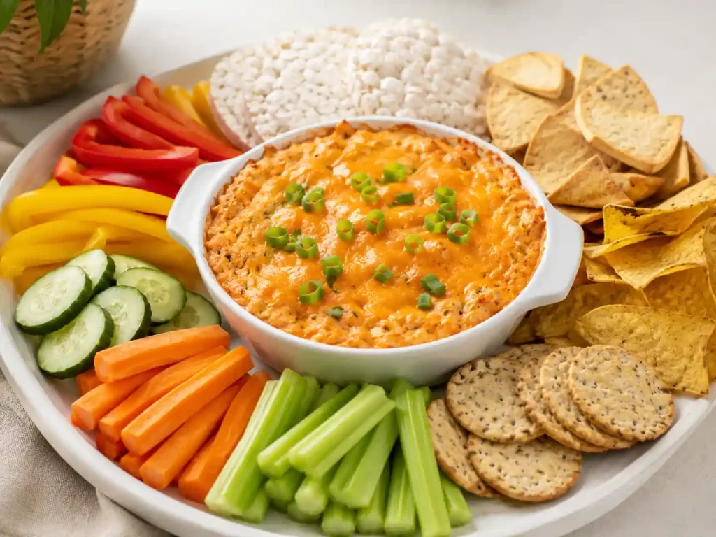 Buffalo chicken cottage cheese dip served warm with celery, carrots, cucumber, bell peppers, crackers, pita chips, and tortilla chips.