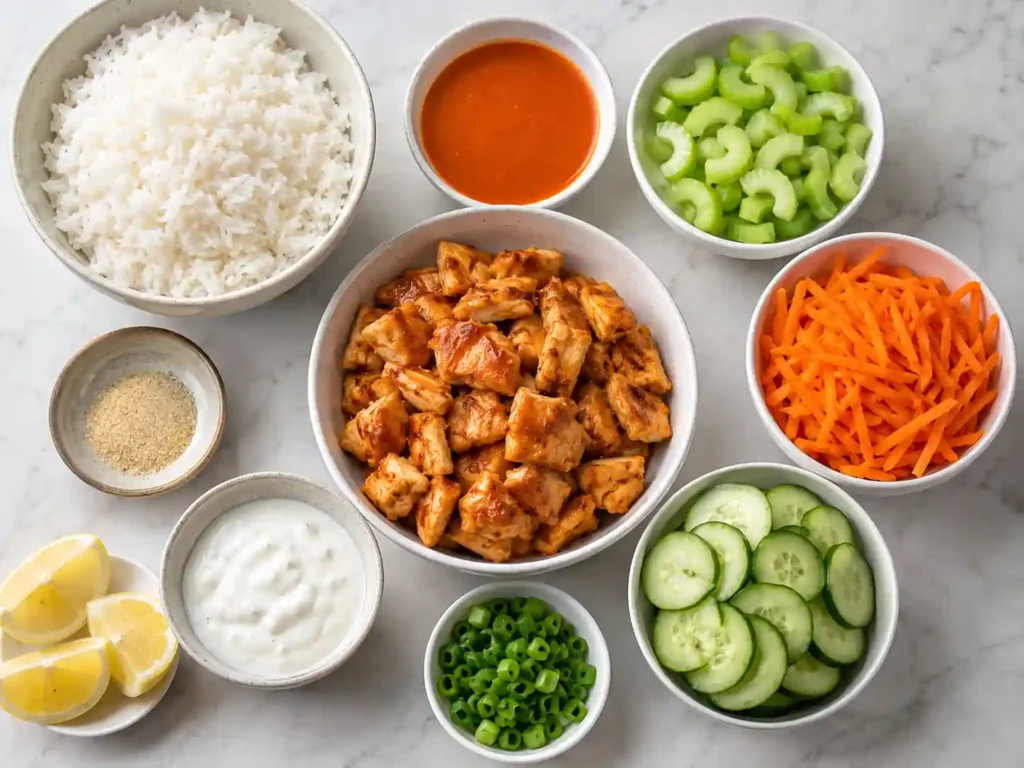 Ingredients for buffalo chicken rice bowls including chicken, cooked rice, buffalo sauce, celery, carrots, cucumber, green onions, and Greek yogurt sauce.