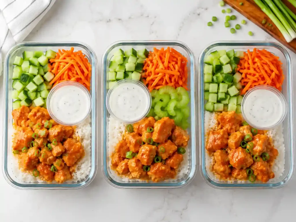 Meal prep containers filled with buffalo chicken, rice, vegetables, and separate creamy sauce cups.