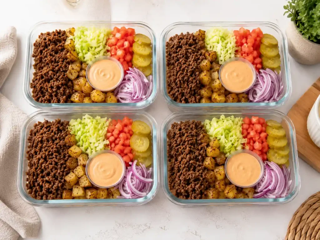 Four meal prep containers packed with ground beef, roasted potatoes, fresh burger toppings, and separate sauce cups.