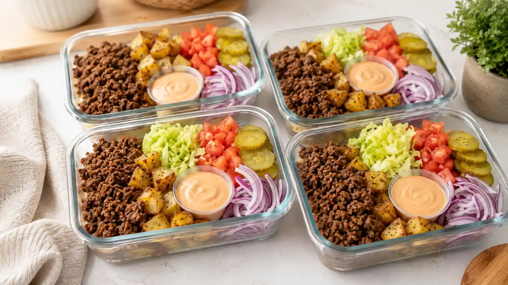 Burger bowl meal prep containers with seasoned ground beef, roasted potatoes, lettuce, tomatoes, pickles, red onion, and burger sauce.