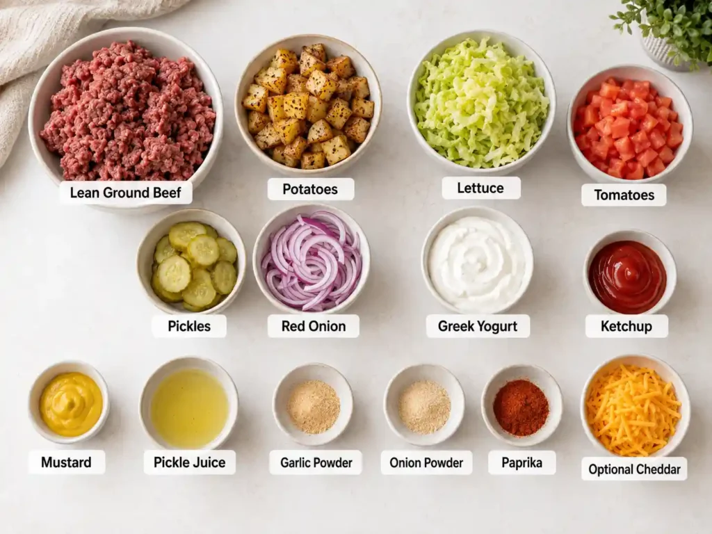 Ingredients for burger bowl meal prep including ground beef, potatoes, lettuce, tomatoes, pickles, red onion, Greek yogurt, ketchup, mustard, and spices.