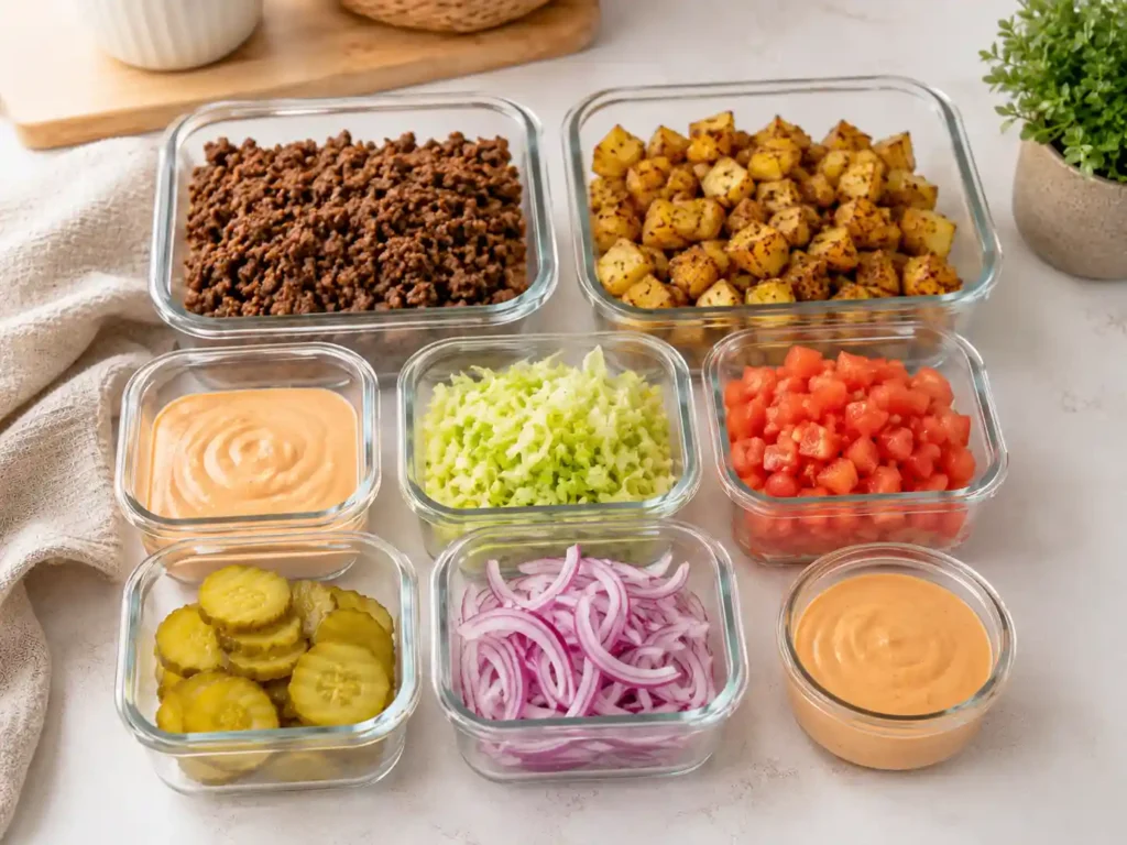 Burger bowl sauce cups with lettuce, tomatoes, pickles, and red onion stored separately for meal prep.
