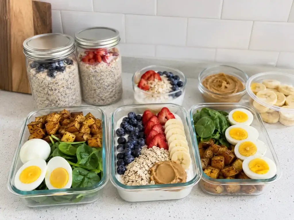 High protein breakfast meal prep with Greek yogurt bowls, overnight oats, eggs, potatoes, and berries.