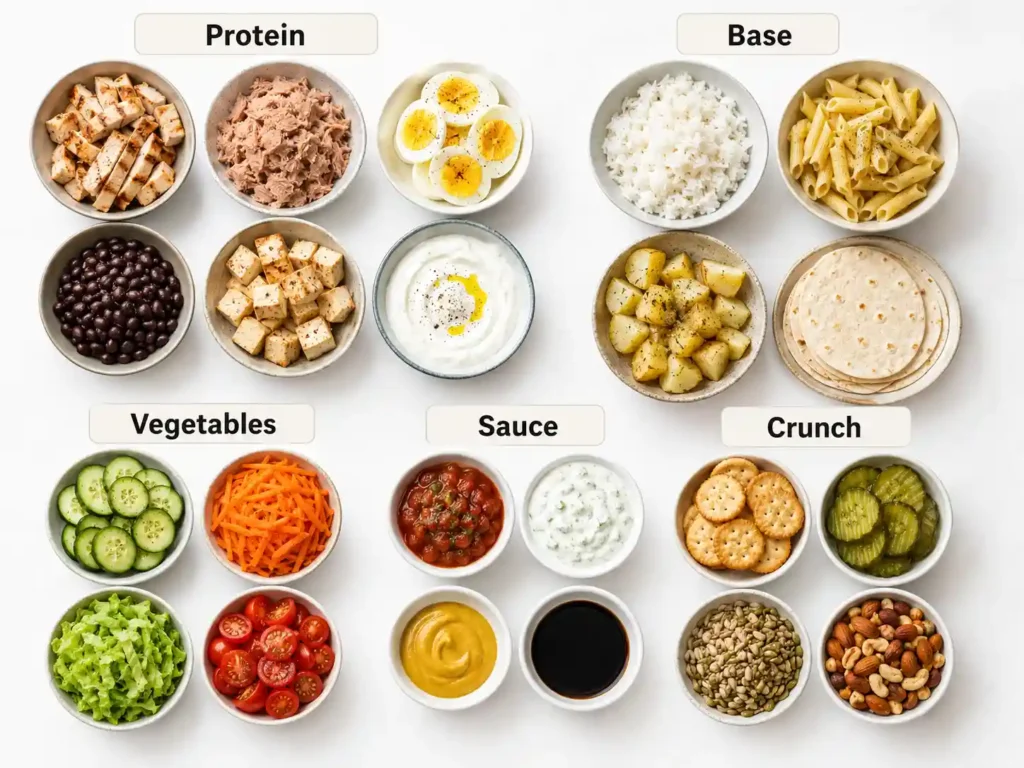 Cheap high protein lunch formula with protein, base, vegetables, sauce, and crunchy topping