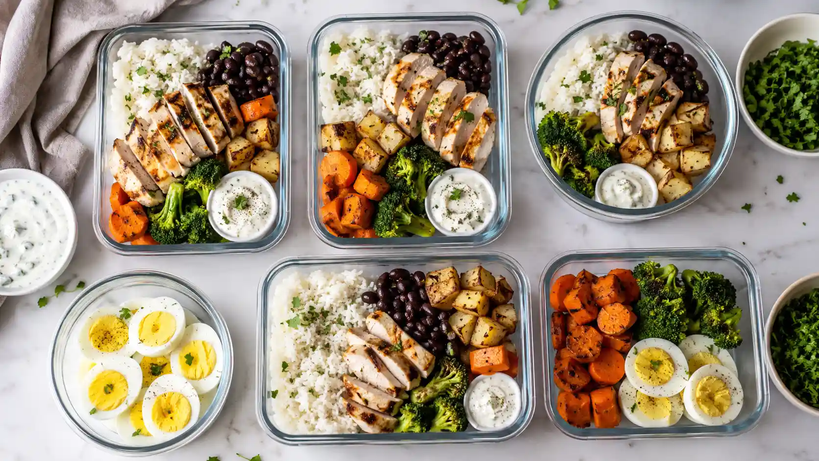 Cheap high protein meal prep containers with chicken, eggs, rice, vegetables, and yogurt.
