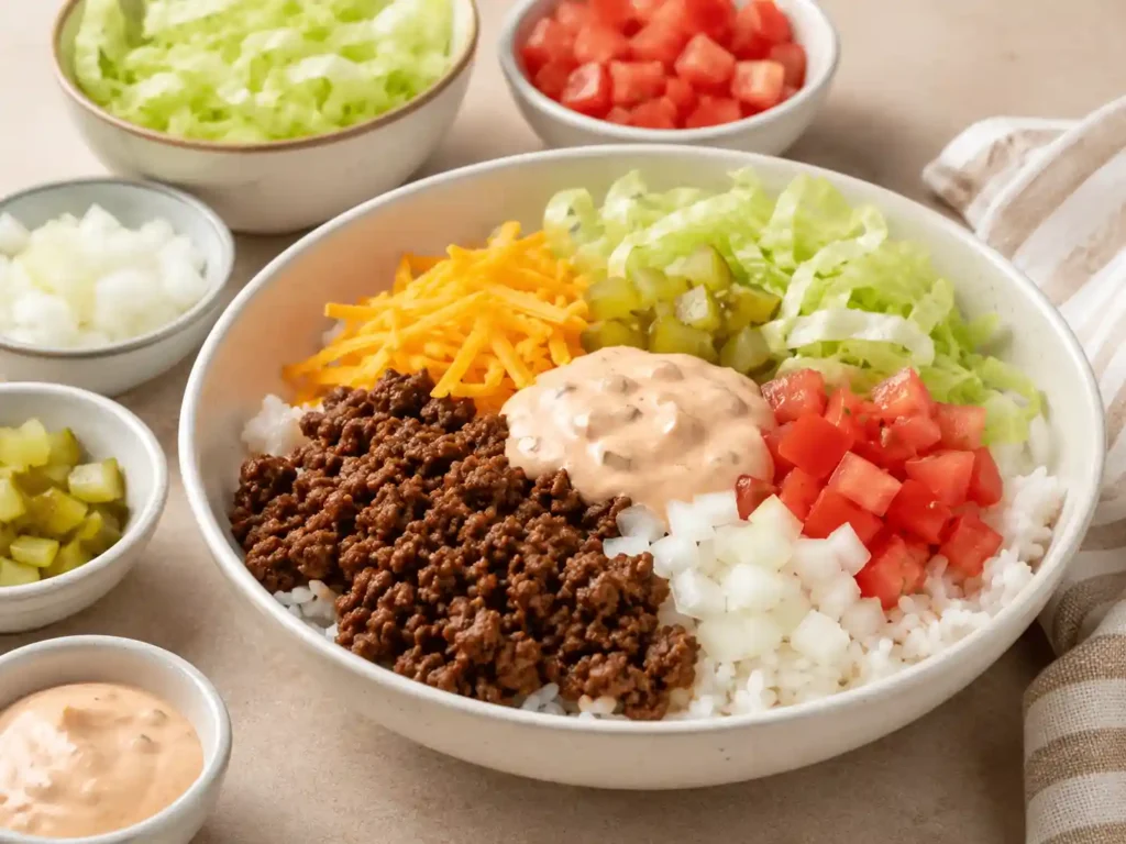 Cheeseburger rice bowl being assembled with rice, seasoned beef, cheddar, lettuce, tomato, pickles, onion, and burger sauce.