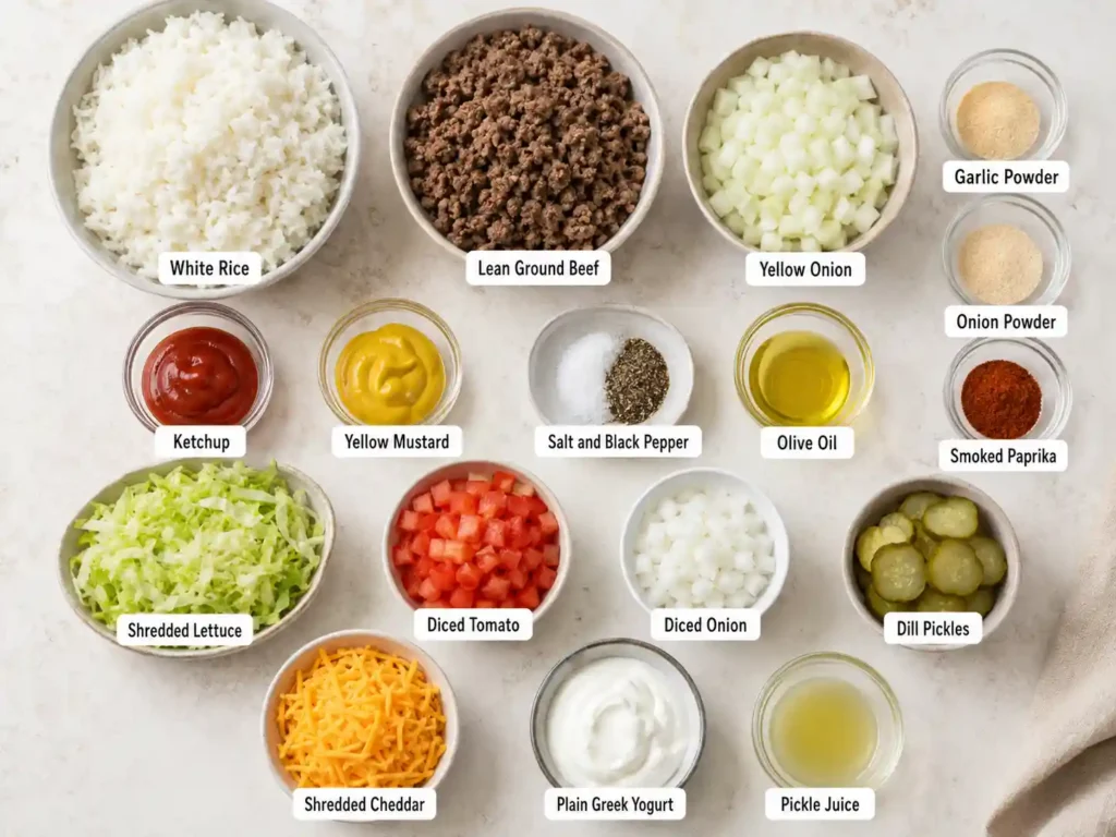 Labeled ingredients for cheeseburger rice bowl including rice, ground beef, cheddar, pickles, lettuce, tomato, onion, ketchup, mustard, Greek yogurt, and seasonings.