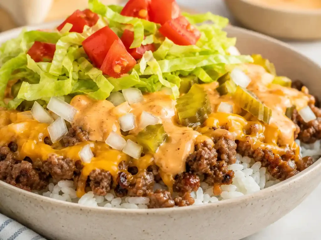 Close-up of cheeseburger rice bowl with fluffy rice, crumbled beef, melted cheddar, crisp pickles, lettuce, tomato, onion, and creamy sauce.