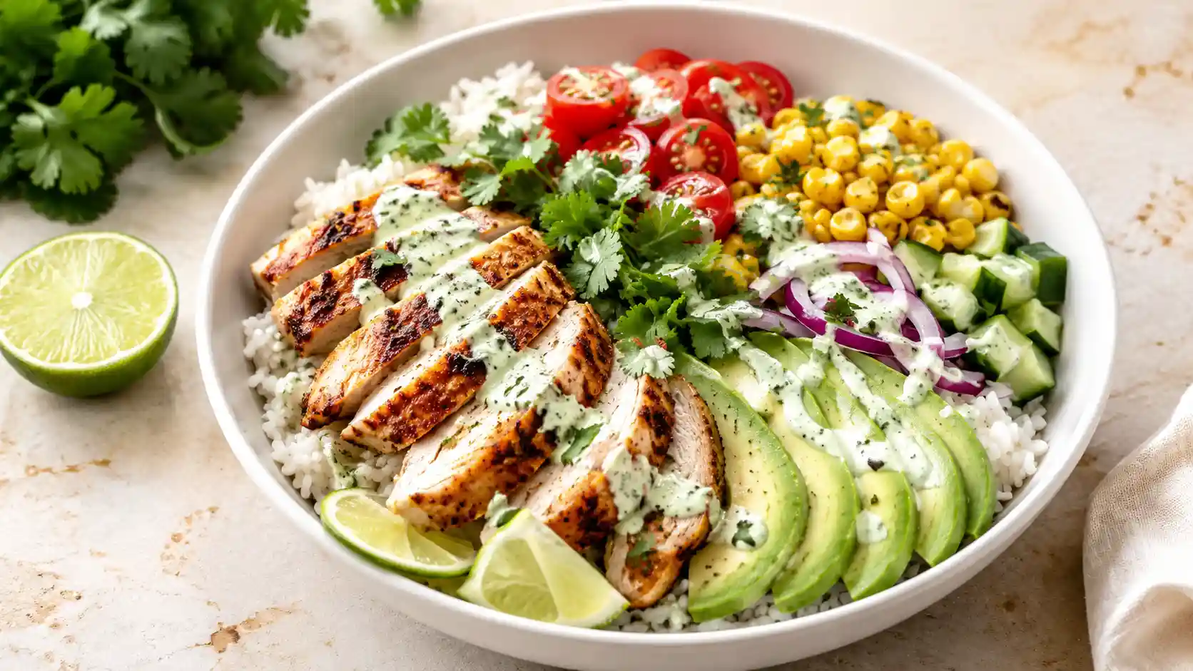 Chicken avocado rice bowl with rice, sliced chicken, avocado, corn, tomatoes, cucumber, and creamy lime sauce