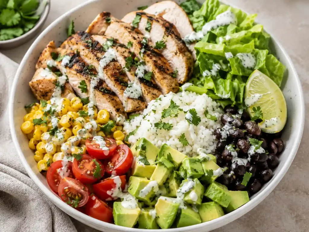 Chicken avocado rice bowl with grilled chicken, rice, avocado, corn, tomatoes, lettuce, and lime yogurt sauce