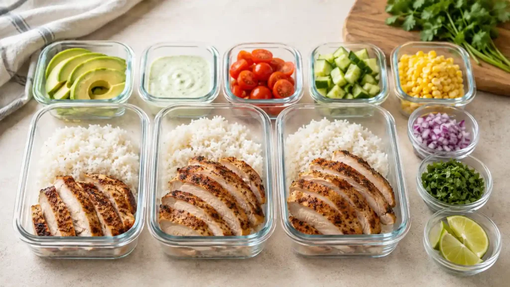 Chicken avocado rice bowl meal prep containers with rice, chicken, avocado, vegetables, and sauce stored separately