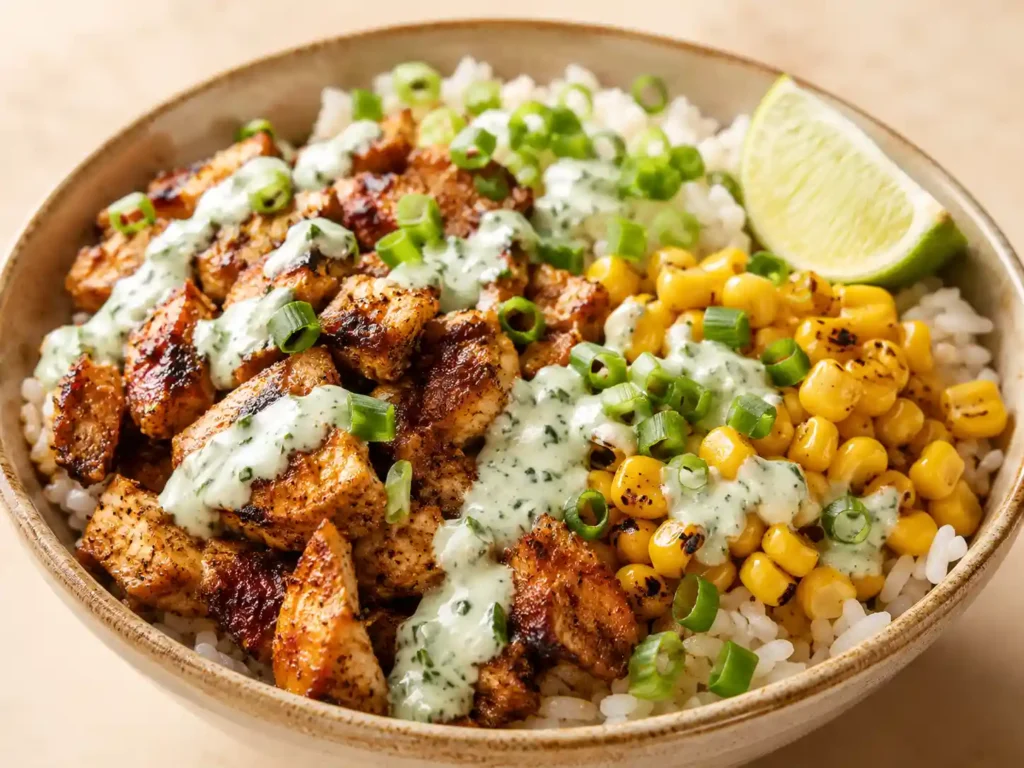 Close-up of seasoned chicken, fluffy rice, corn, lime yogurt sauce, and green onion in a chicken corn rice bowl.