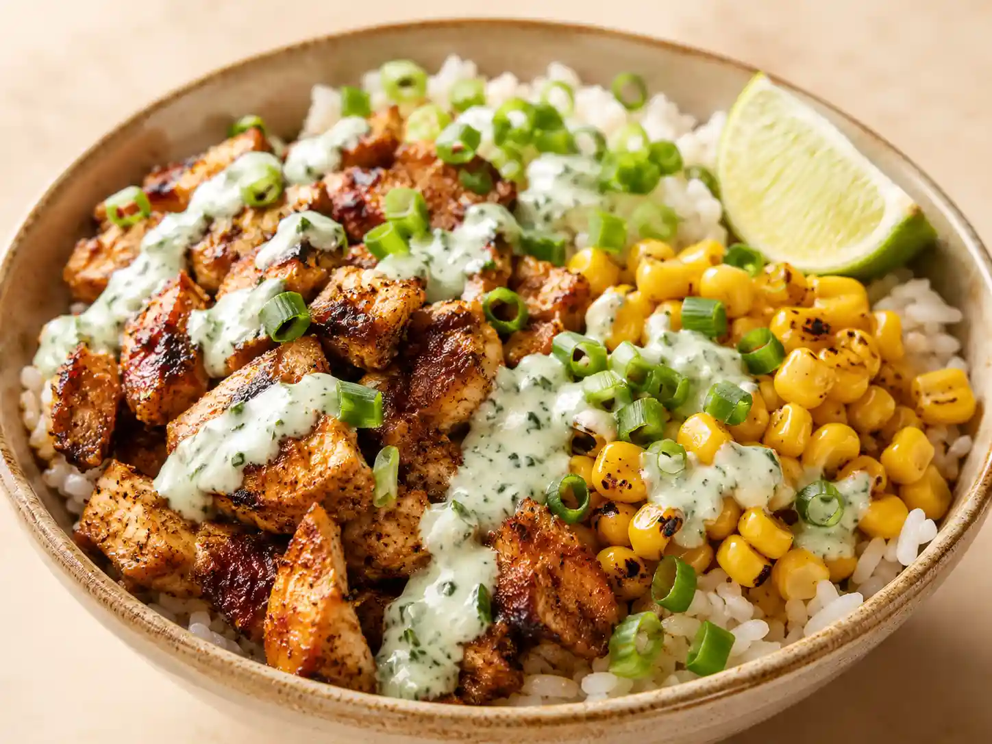 Close-up of seasoned chicken, fluffy rice, corn, lime yogurt sauce, and green onion in a chicken corn rice bowl.