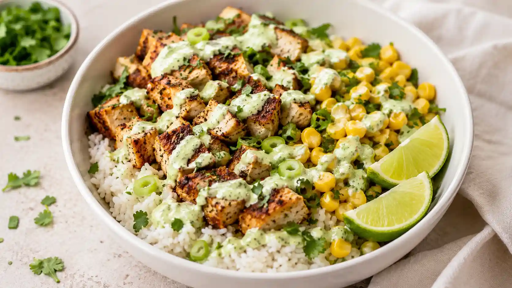 Chicken corn rice bowl with seasoned chicken, rice, corn, lime yogurt sauce, green onion, and lime wedges.