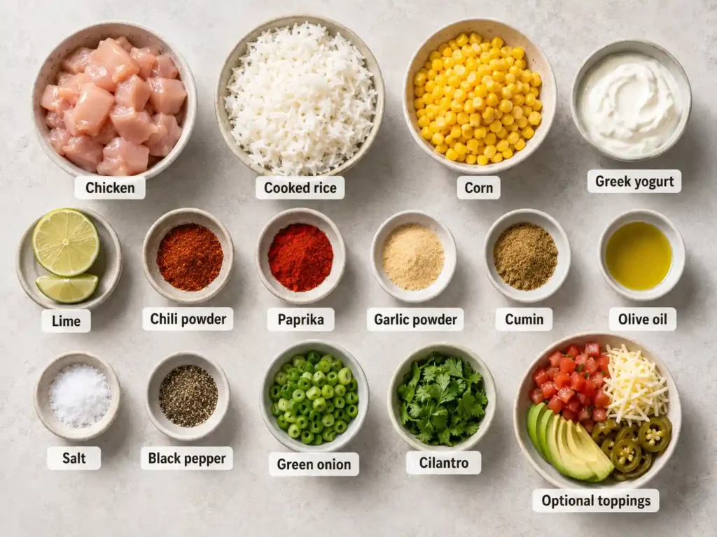 Labeled ingredients for chicken corn rice bowl including chicken, rice, corn, Greek yogurt, lime, spices, olive oil, and green onion.