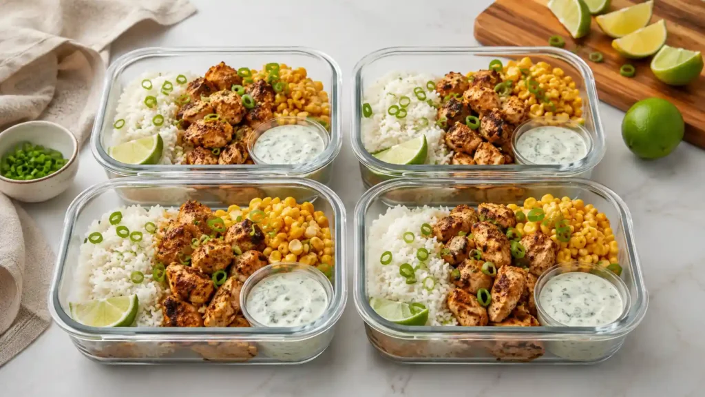 Meal prep containers filled with chicken corn rice bowls, rice, corn, chicken, lime wedges, and separate sauce cups.