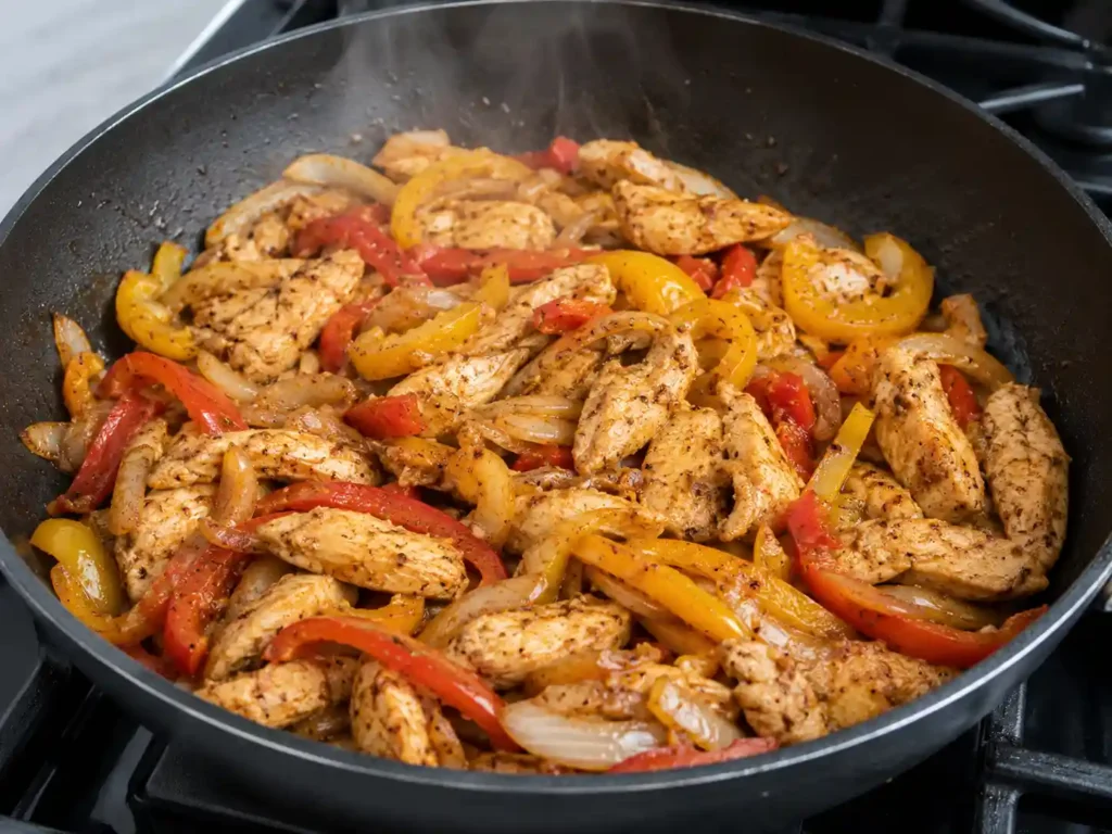 Chicken, bell peppers, and onions cooking in a skillet for chicken fajita rice bowls.