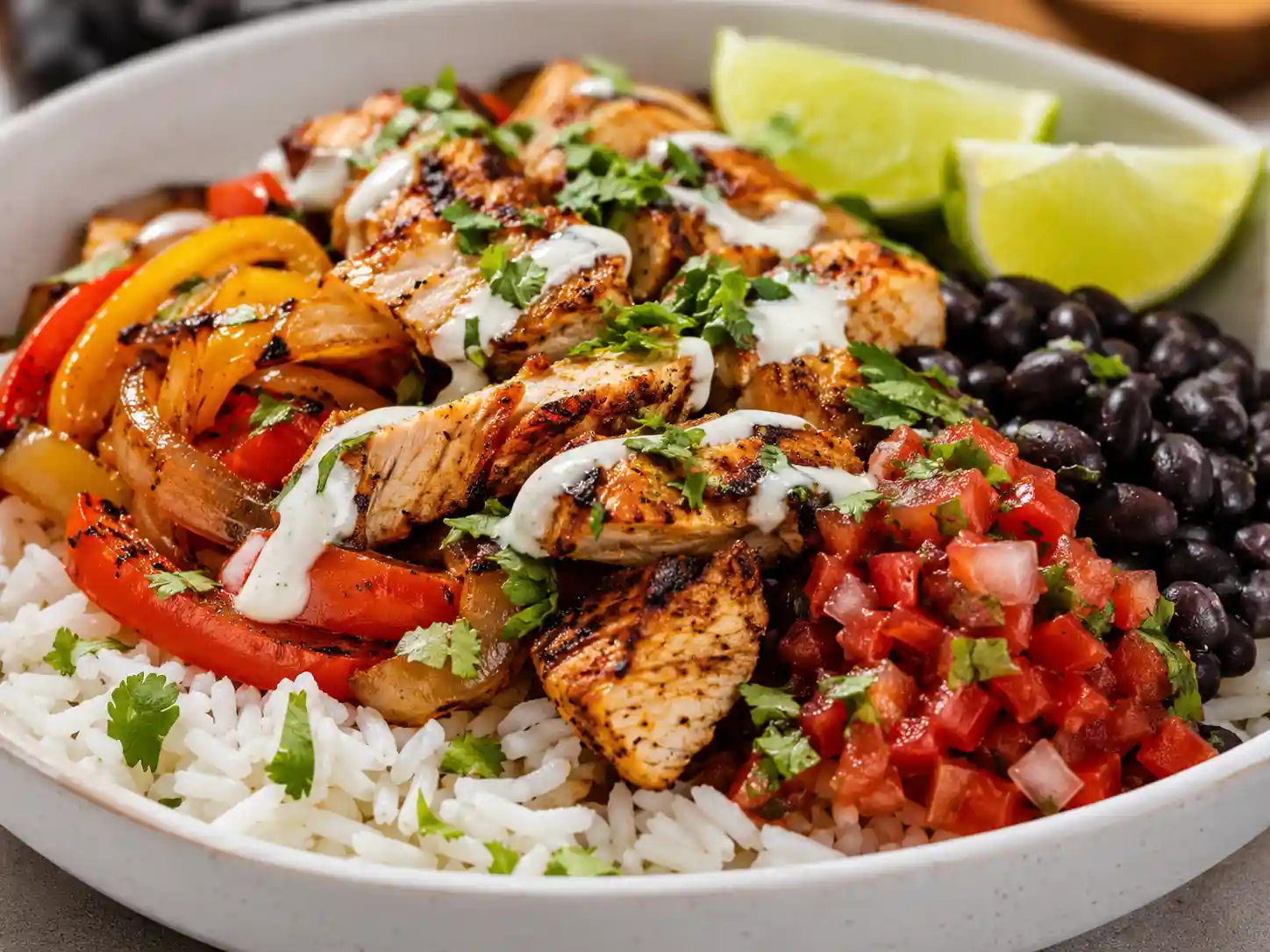 Close-up of a chicken fajita rice bowl with juicy chicken, rice, peppers, onions, black beans, salsa, lime, and creamy sauce.