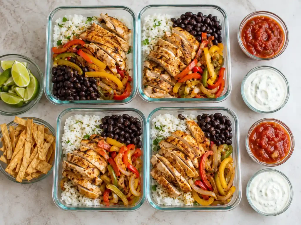 Chicken fajita rice bowl meal prep containers with rice, chicken, peppers, onions, beans, and separate toppings.
