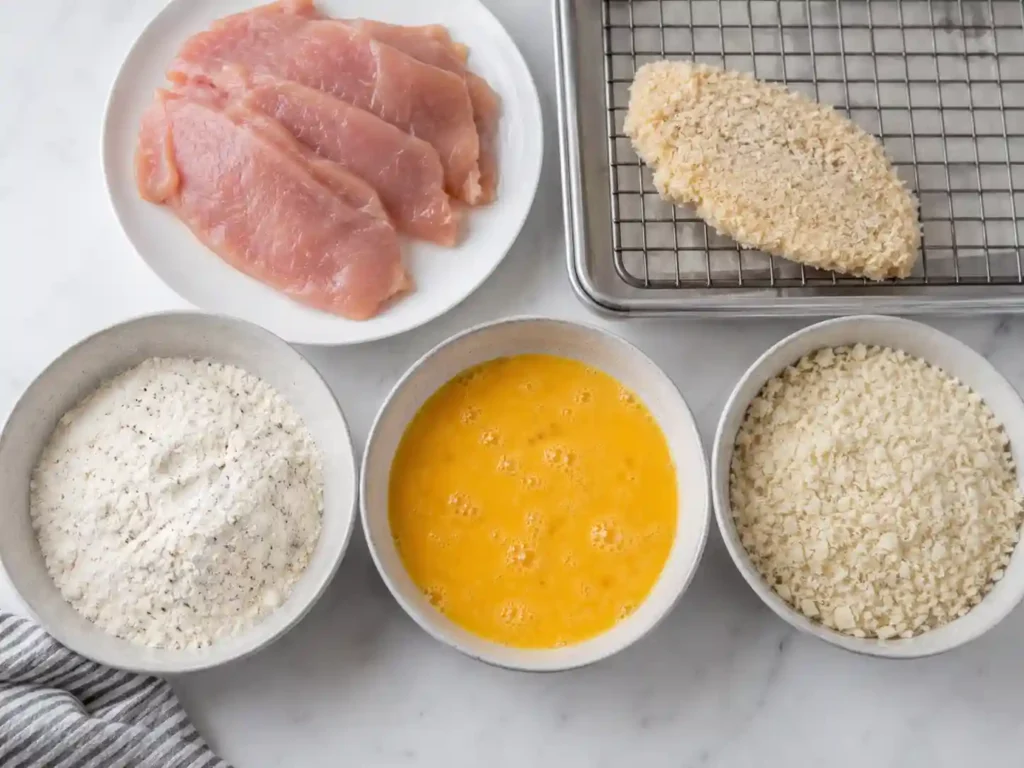 Chicken katsu breading station with flour, beaten egg, panko breadcrumbs, and thin chicken cutlets ready to coat