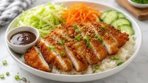 Chicken katsu rice bowl with crispy sliced panko chicken, fluffy rice, shredded cabbage, carrots, cucumber, green onions, sesame seeds, and sauce.