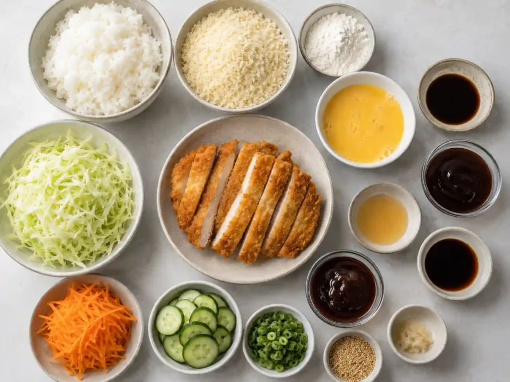 Ingredients for chicken katsu rice bowls including chicken, rice, panko breadcrumbs, flour, eggs, cabbage, carrots, cucumber, green onions, sesame seeds, and sauce ingredients.