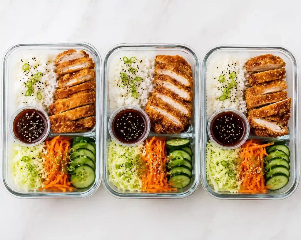 Meal prep containers with rice, crispy chicken katsu, cabbage, carrots, cucumber, green onions, sesame seeds, and sauce cups stored separately.