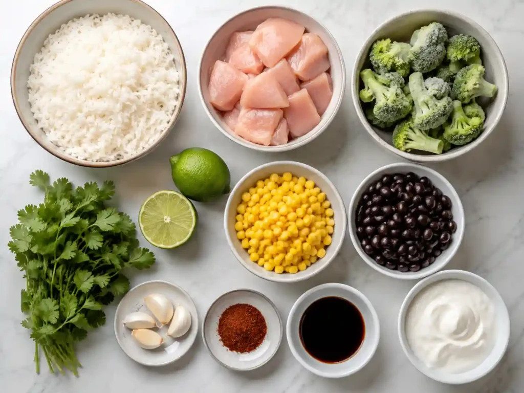 Ingredients for building a chicken rice bowl arranged in sections with rice, chicken, vegetables, sauce, and toppings
