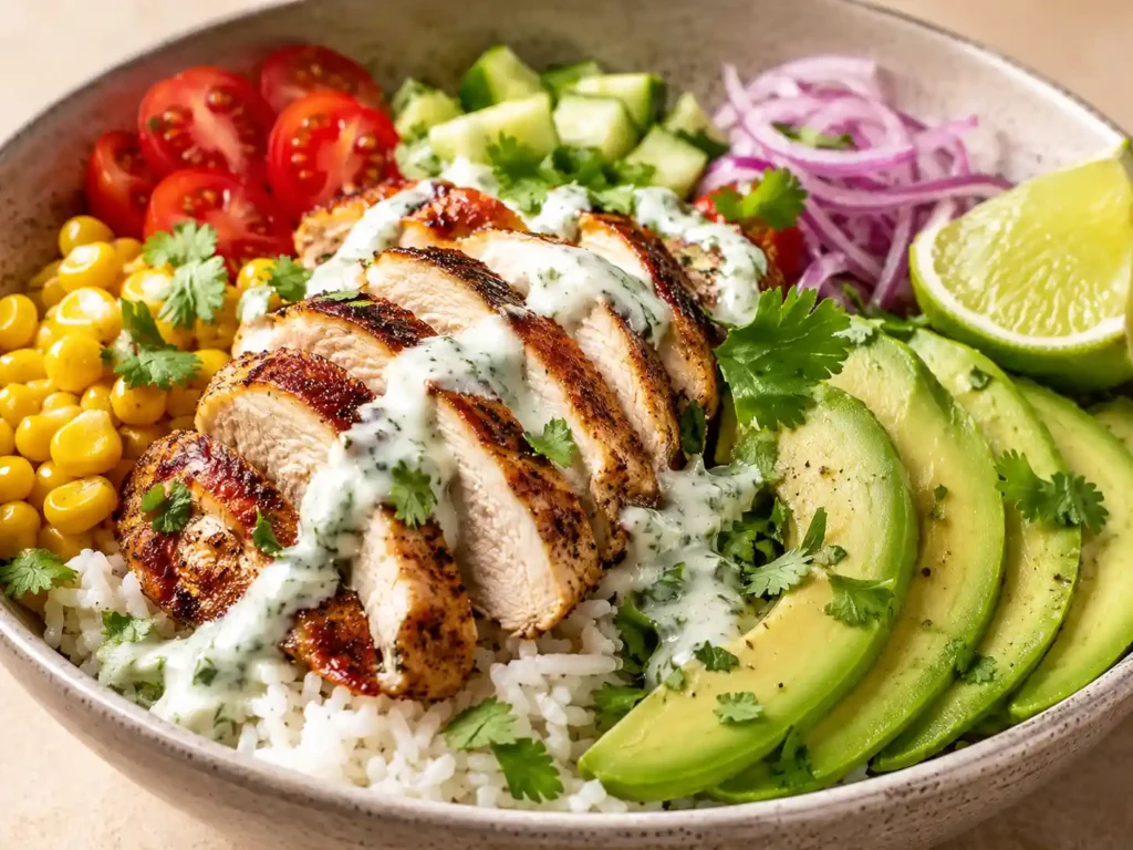 Close-up chicken avocado rice bowl with sliced chicken, fluffy rice, avocado, vegetables, and creamy lime sauce