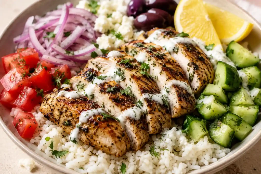 Close-up of Greek chicken rice bowl with sliced chicken, rice, cucumber, tomato, herbs, lemon, and yogurt sauce.