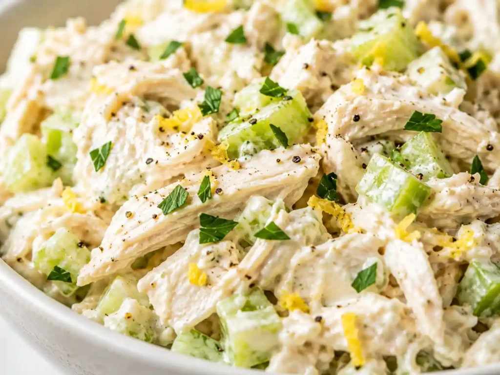 Ultra close-up of creamy Greek yogurt chicken salad with celery, herbs, black pepper, and shredded chicken