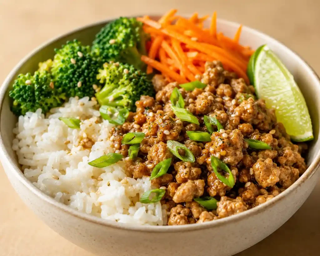 Close-up of a ground chicken rice bowl with saucy chicken, fluffy rice, broccoli, carrots, green onion, and lime