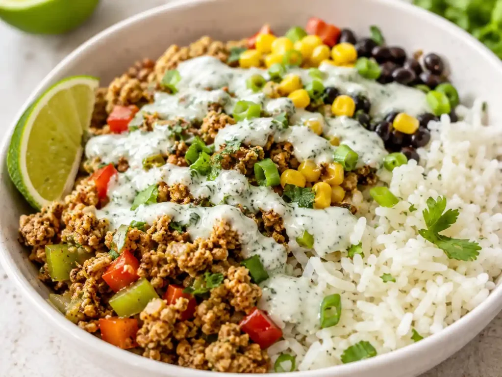Close-up of a ground turkey rice bowl with seasoned turkey, rice, beans, corn, peppers, and creamy yogurt sauce.