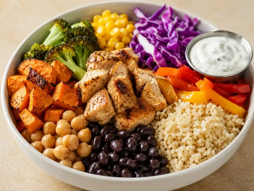Close-up of a high fiber protein bowl with chicken, beans, rice, roasted vegetables, cabbage, and sauce.