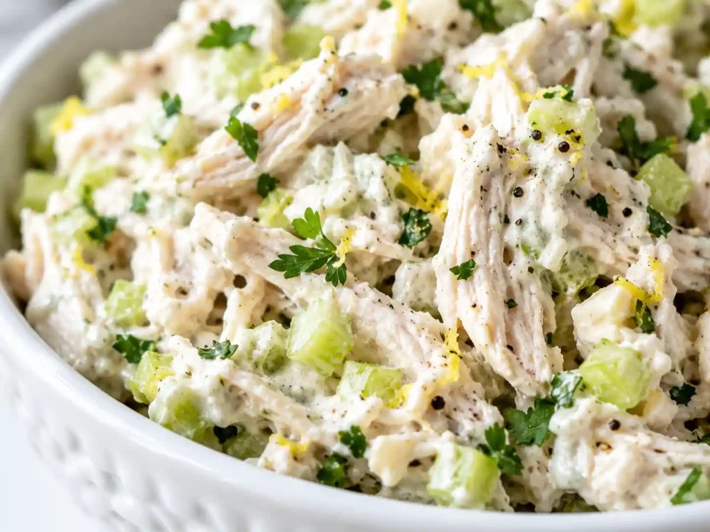 Ultra close-up of creamy chicken protein salad with Greek yogurt, celery, herbs, and black pepper