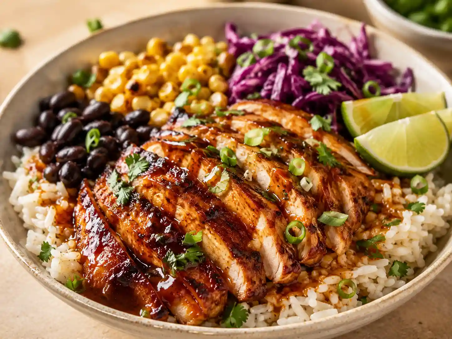 Close-up of glossy honey chipotle chicken with rice, corn, black beans, cabbage, green onions, and lime.