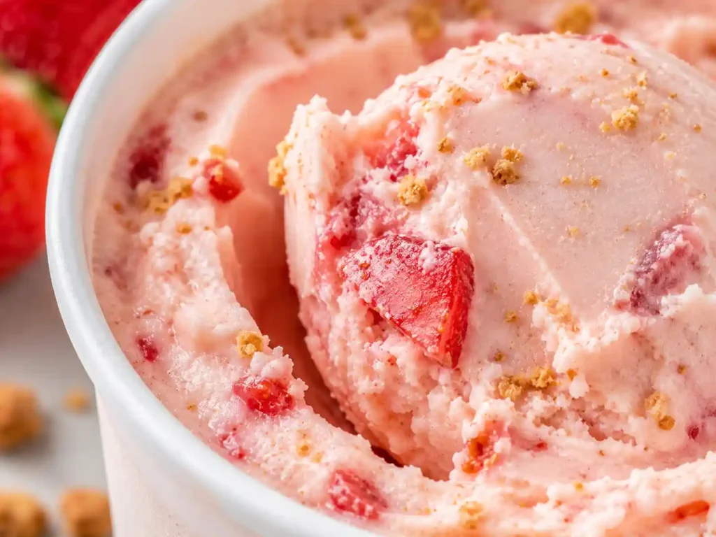 Ultra close-up of creamy Ninja Creami protein ice cream with visible smooth texture and strawberry swirls