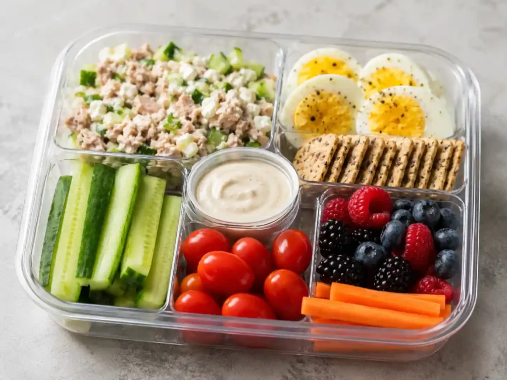 Cold high protein lunch box for work with tuna cottage cheese, boiled eggs, cucumbers, berries, carrots, and crackers