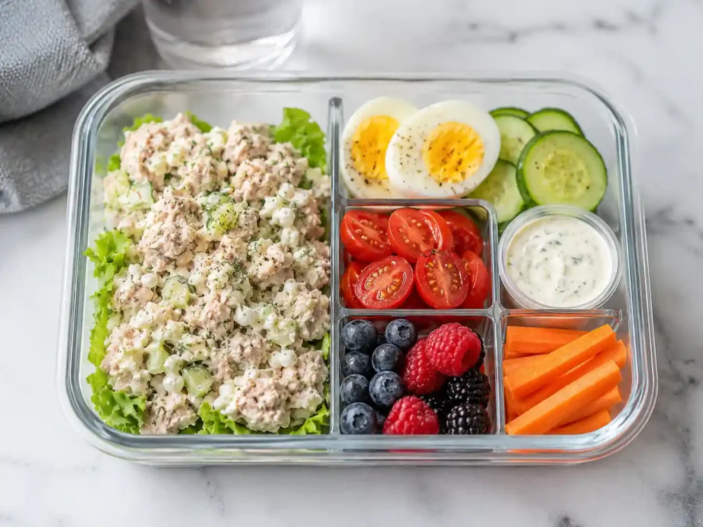Cold high protein lunch box with tuna cottage cheese, boiled eggs, cucumbers, berries, and vegetables