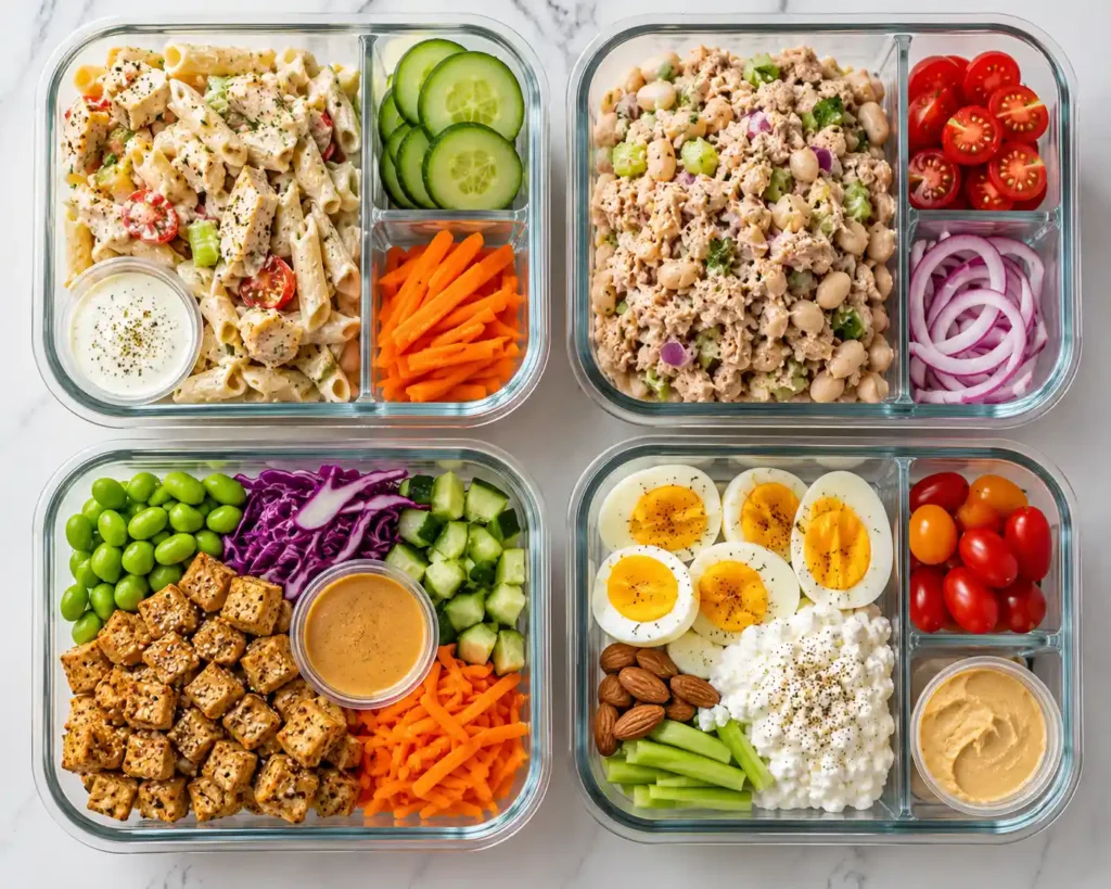 Glass meal prep containers with chicken pasta salad, tuna white bean salad, tofu edamame bowl, and egg cottage cheese box
