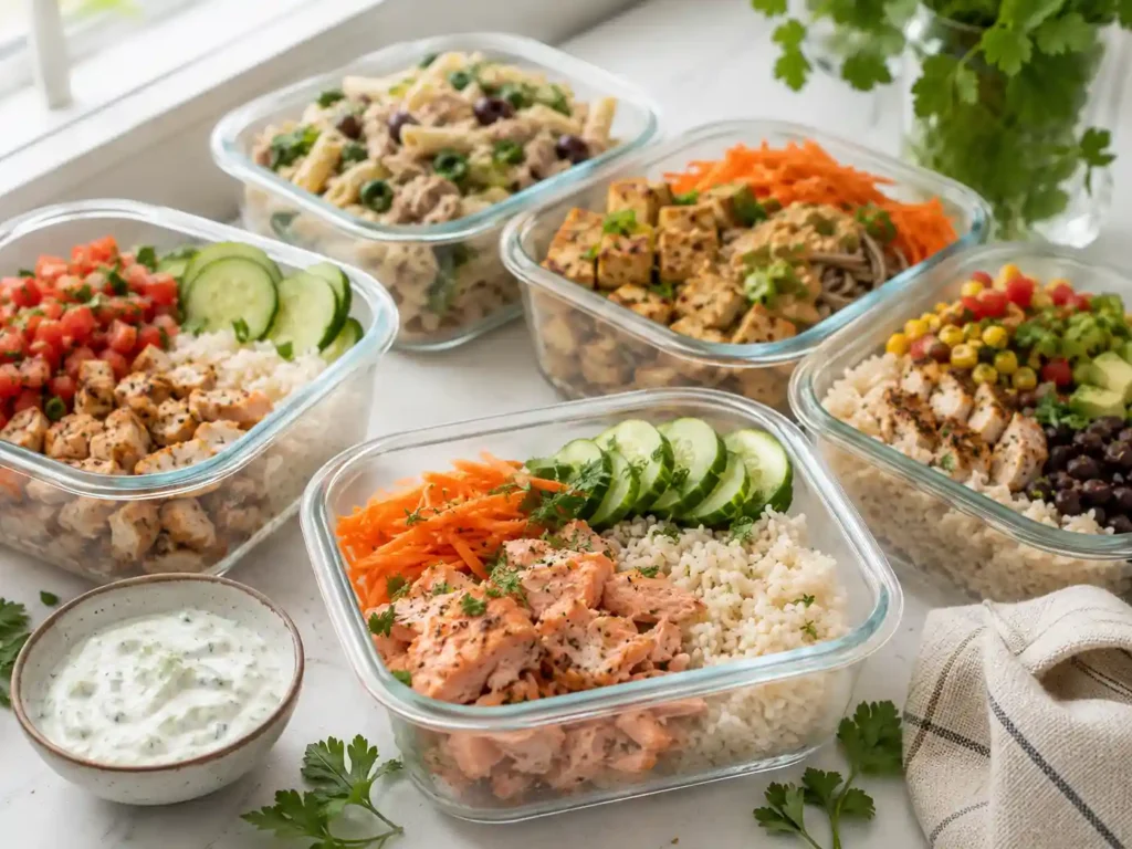 Cold high protein summer meals with tuna wrap, Greek yogurt chicken salad, egg lettuce cups, salmon crackers, and turkey snack box