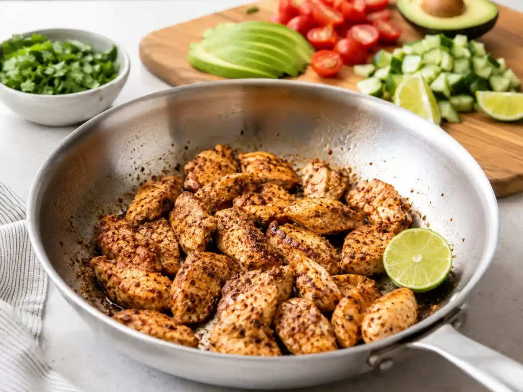 Seasoned chicken cooking in a skillet for a chicken avocado rice bowl