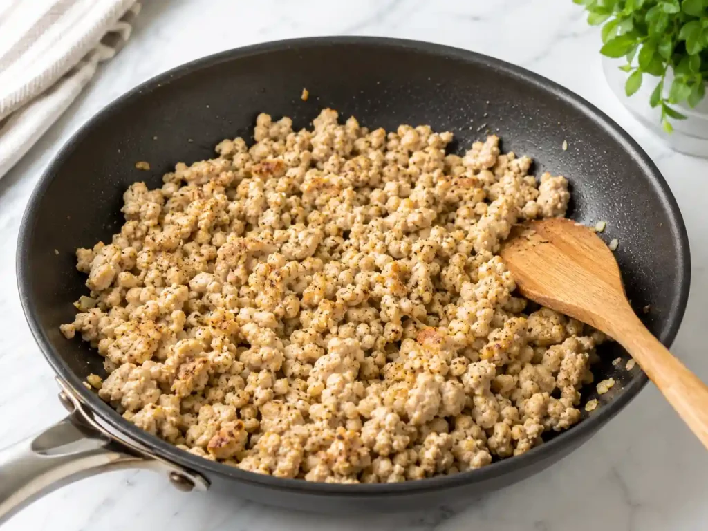 Ground chicken browning in a skillet for rice bowl recipes
